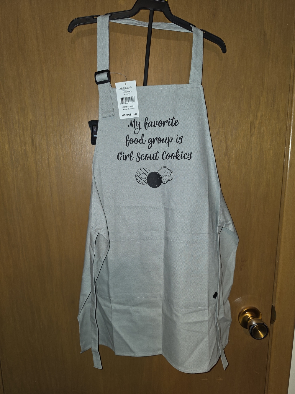 Youth Girl Scout Cookies Apron with Printed Slogan - Light Gray